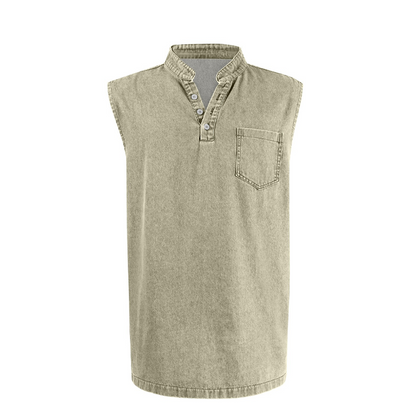 👕 50% RABATT NU! ✨ Retro Style Sleeveless T-Shirt with Three Buttons – Vintage Washed & Klassisk Henleykrage – Perfekt för Sommar & Ledig Stil ☀️