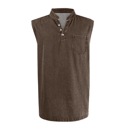 👕 50% RABATT NU! ✨ Retro Style Sleeveless T-Shirt with Three Buttons – Vintage Washed & Klassisk Henleykrage – Perfekt för Sommar & Ledig Stil ☀️