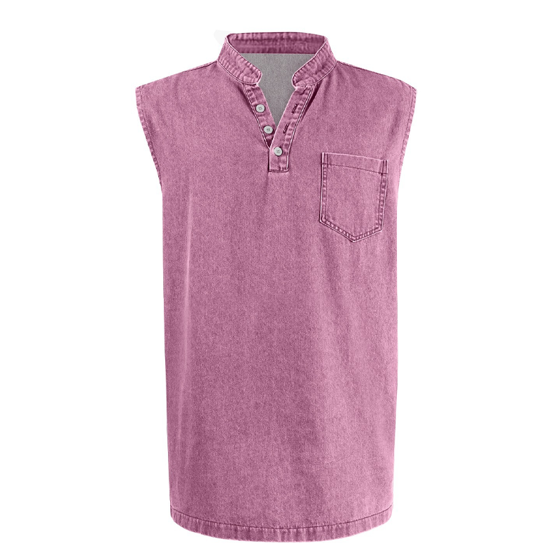 👕 50% RABATT NU! ✨ Retro Style Sleeveless T-Shirt with Three Buttons – Vintage Washed & Klassisk Henleykrage – Perfekt för Sommar & Ledig Stil ☀️