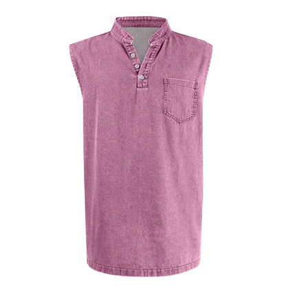 👕 50% RABATT NU! ✨ Retro Style Sleeveless T-Shirt with Three Buttons – Vintage Washed & Klassisk Henleykrage – Perfekt för Sommar & Ledig Stil ☀️