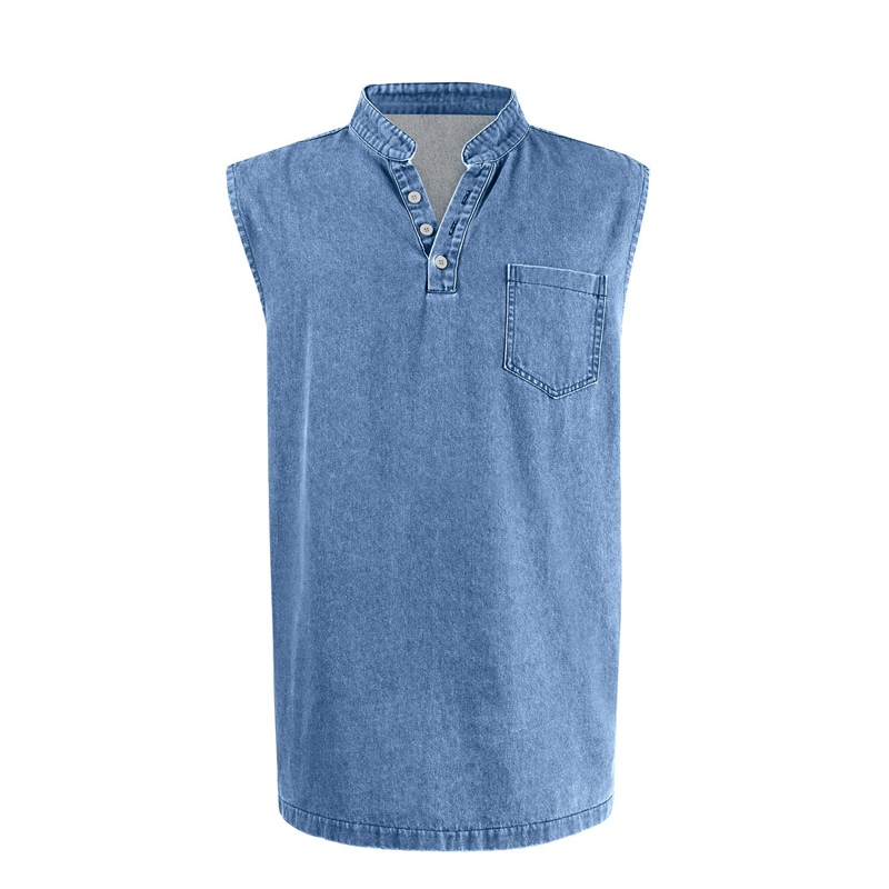 👕 50% RABATT NU! ✨ Retro Style Sleeveless T-Shirt with Three Buttons – Vintage Washed & Klassisk Henleykrage – Perfekt för Sommar & Ledig Stil ☀️
