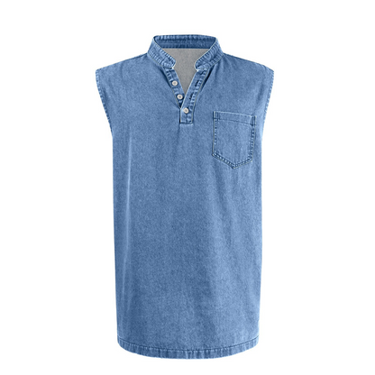 👕 50% RABATT NU! ✨ Retro Style Sleeveless T-Shirt with Three Buttons – Vintage Washed & Klassisk Henleykrage – Perfekt för Sommar & Ledig Stil ☀️