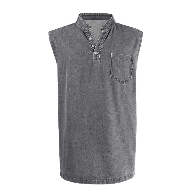 👕 50% RABATT NU! ✨ Retro Style Sleeveless T-Shirt with Three Buttons – Vintage Washed & Klassisk Henleykrage – Perfekt för Sommar & Ledig Stil ☀️