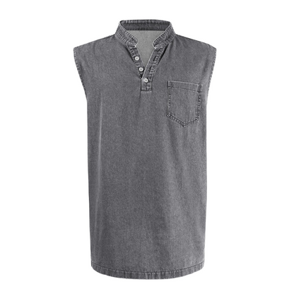 👕 50% RABATT NU! ✨ Retro Style Sleeveless T-Shirt with Three Buttons – Vintage Washed & Klassisk Henleykrage – Perfekt för Sommar & Ledig Stil ☀️