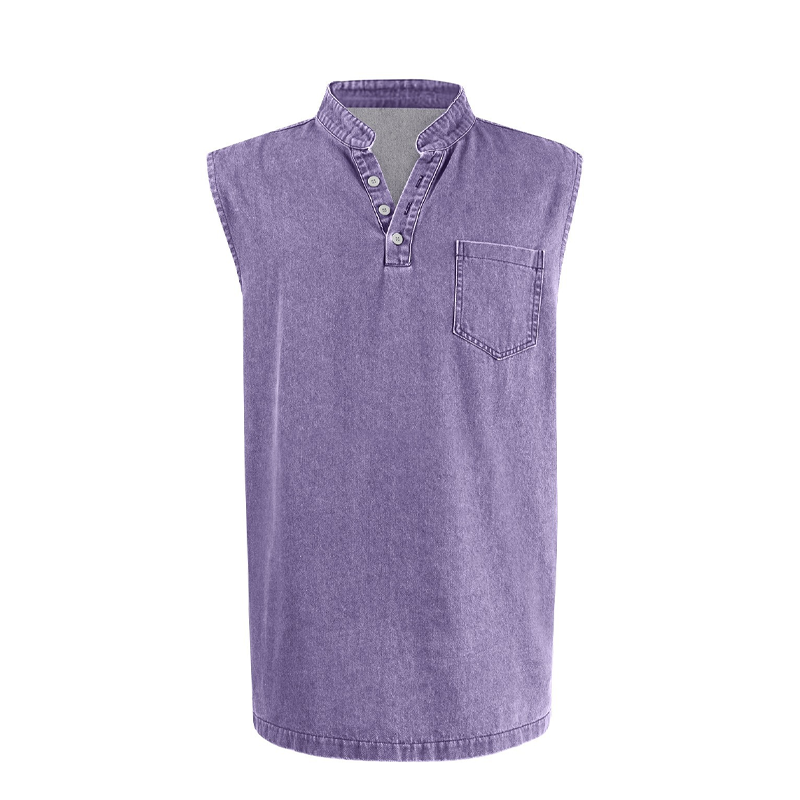 👕 50% RABATT NU! ✨ Retro Style Sleeveless T-Shirt with Three Buttons – Vintage Washed & Klassisk Henleykrage – Perfekt för Sommar & Ledig Stil ☀️
