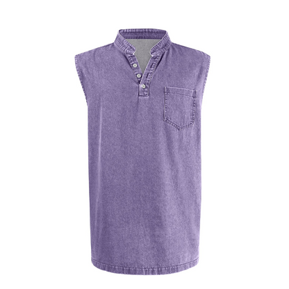 👕 50% RABATT NU! ✨ Retro Style Sleeveless T-Shirt with Three Buttons – Vintage Washed & Klassisk Henleykrage – Perfekt för Sommar & Ledig Stil ☀️