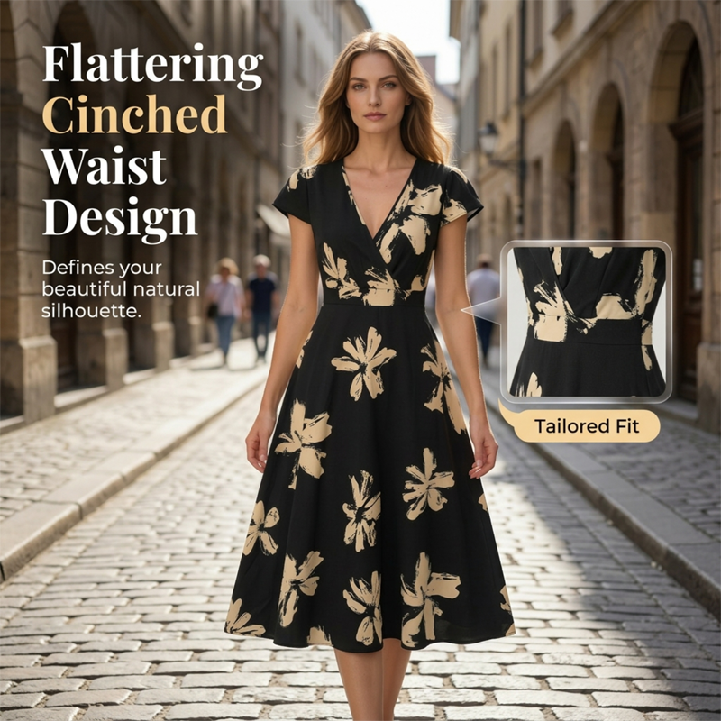 👗50% RABATT!🌸Casual klänning med tryck, V-ringning och volanger för damer