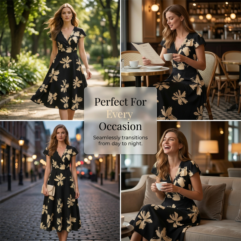👗50% RABATT!🌸Casual klänning med tryck, V-ringning och volanger för damer