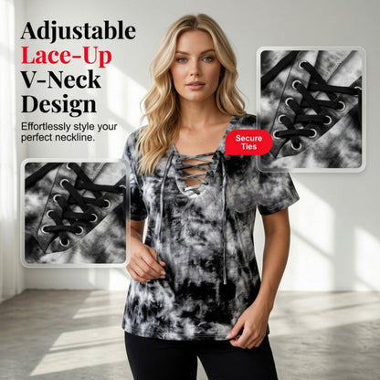👚 50% RABATT NU! 🎨 Kvinnors Tie-Dye T-shirt – V-ringad Med Snörning, Mjuk Andningsbar Blandning & Ledig Passform – Sommar Basvara ✨