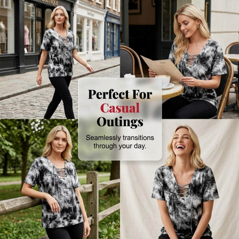 👚 50% RABATT NU! 🎨 Kvinnors Tie-Dye T-shirt – V-ringad Med Snörning, Mjuk Andningsbar Blandning & Ledig Passform – Sommar Basvara ✨