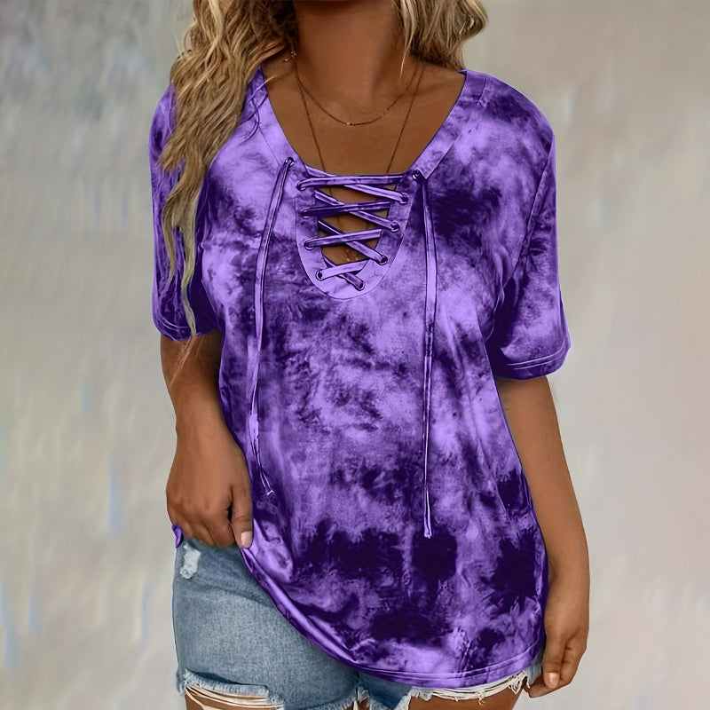 👚 50% RABATT NU! 🎨 Kvinnors Tie-Dye T-shirt – V-ringad Med Snörning, Mjuk Andningsbar Blandning & Ledig Passform – Sommar Basvara ✨
