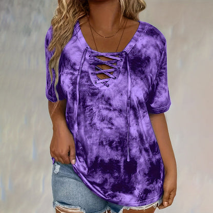 👚 50% RABATT NU! 🎨 Kvinnors Tie-Dye T-shirt – V-ringad Med Snörning, Mjuk Andningsbar Blandning & Ledig Passform – Sommar Basvara ✨