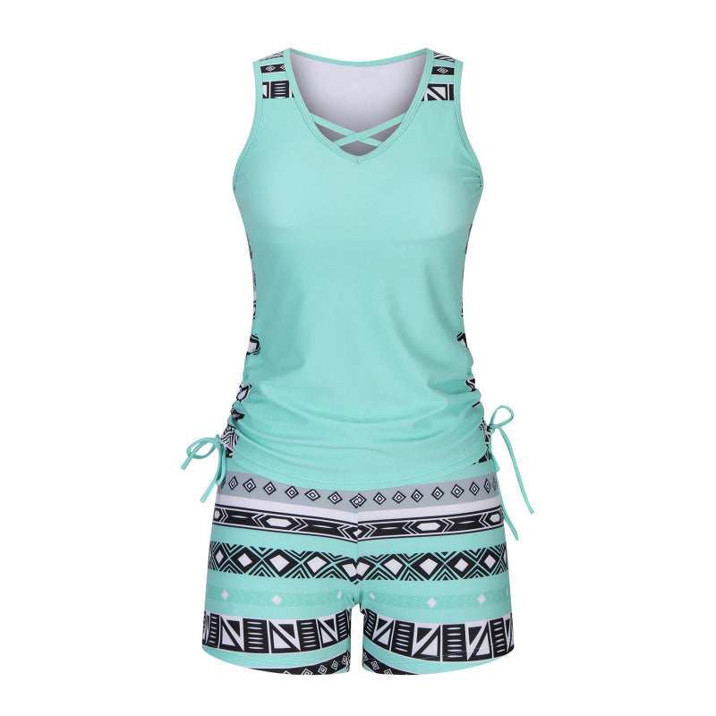 🏊‍♀️ 50% RABATT NU! 👙 Tvådelad tankini – justerbar sidorynking, pojkshorts & korsad V-ringning – perfekt för stranden 👙🏖️