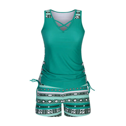 🏊‍♀️ 50% RABATT NU! 👙 Tvådelad tankini – justerbar sidorynking, pojkshorts & korsad V-ringning – perfekt för stranden 👙🏖️