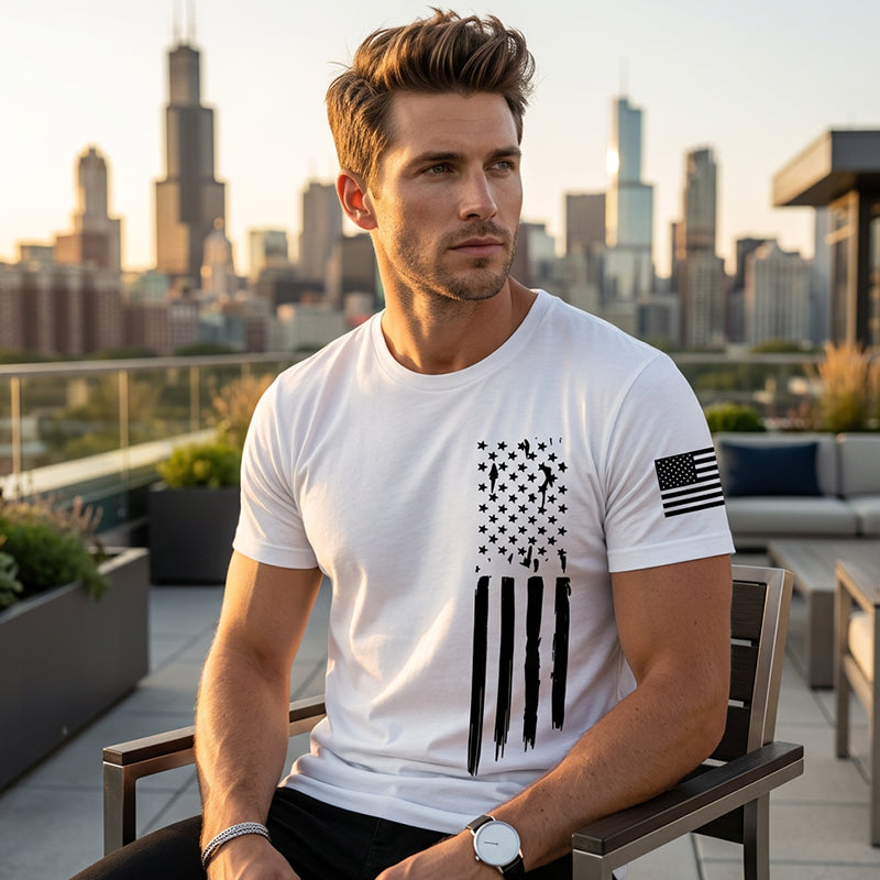 📢📢50 % RABATT !! ⏰T-shirt för män med slitna detaljer och amerikansk flagga