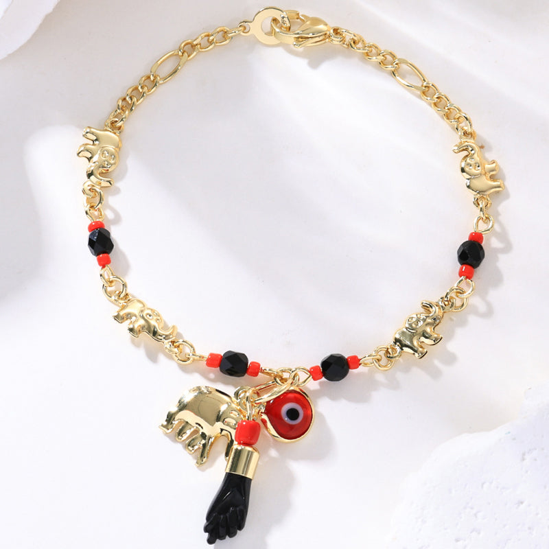 Bohemiskt Onda Ögat Armband – Elefant & Hamsa-berlockare, Guldfärgat, Justerbart ✨