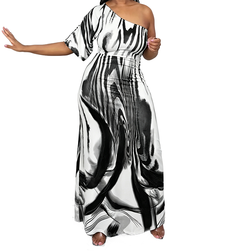 Maxiklänning med abstrakt mönster och en axel för dam