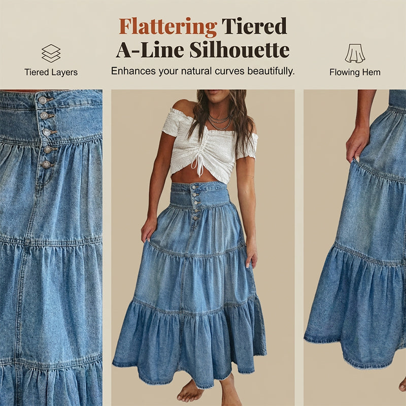 Dam Högmidjad Skiktad A-linje Denim Maxikjol