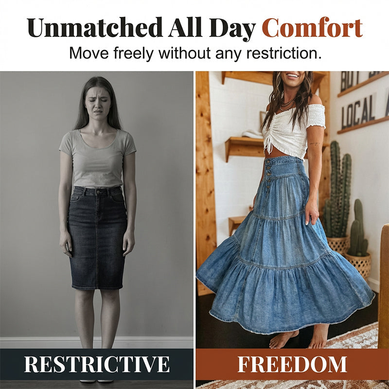 Dam Högmidjad Skiktad A-linje Denim Maxikjol