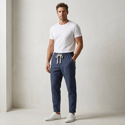 👖 50% RABATT NU! 🌿 Herr Linnebyxor – Randig & Kort & Elastisk Midja & Dragsko – Andningsbar Sommarbyxor 🏖️