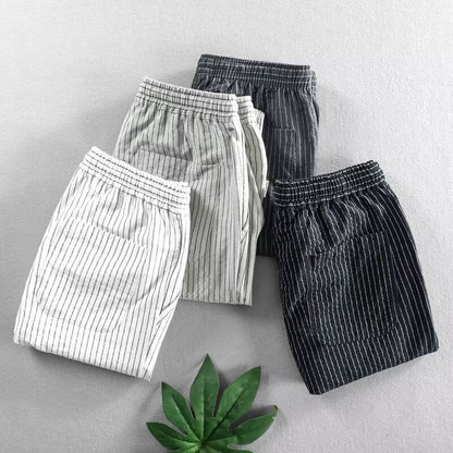 👖 50% RABATT NU! 🌿 Herr Linnebyxor – Randig & Kort & Elastisk Midja & Dragsko – Andningsbar Sommarbyxor 🏖️