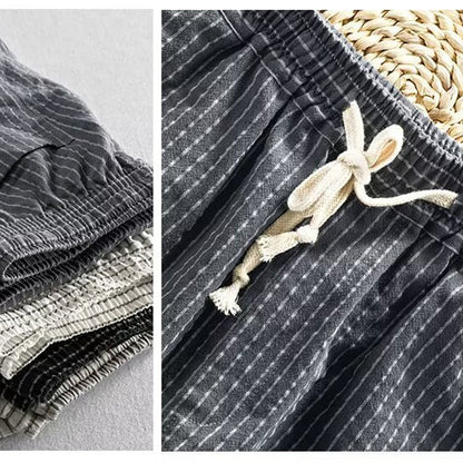 👖 50% RABATT NU! 🌿 Herr Linnebyxor – Randig & Kort & Elastisk Midja & Dragsko – Andningsbar Sommarbyxor 🏖️