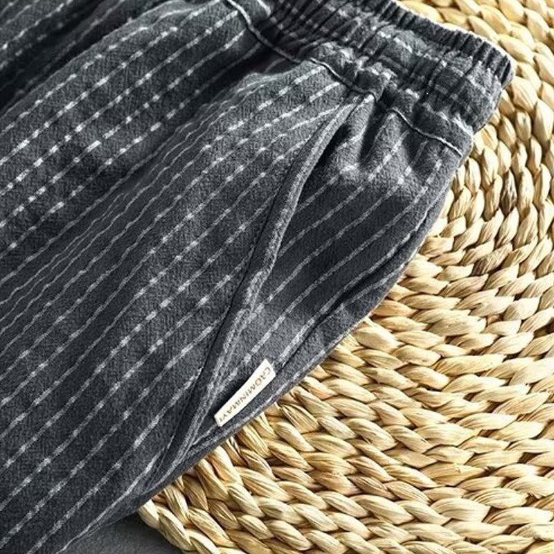 👖 50% RABATT NU! 🌿 Herr Linnebyxor – Randig & Kort & Elastisk Midja & Dragsko – Andningsbar Sommarbyxor 🏖️