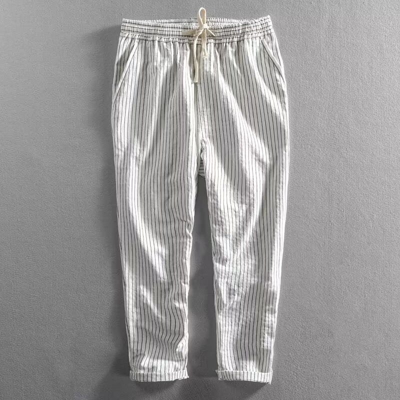 👖 50% RABATT NU! 🌿 Herr Linnebyxor – Randig & Kort & Elastisk Midja & Dragsko – Andningsbar Sommarbyxor 🏖️