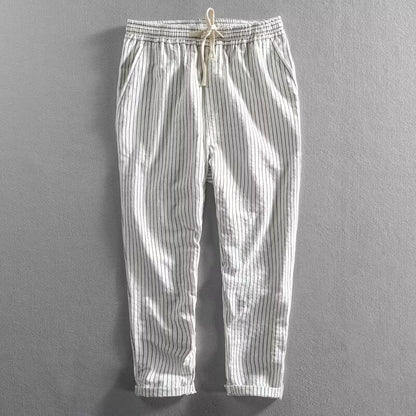 👖 50% RABATT NU! 🌿 Herr Linnebyxor – Randig & Kort & Elastisk Midja & Dragsko – Andningsbar Sommarbyxor 🏖️