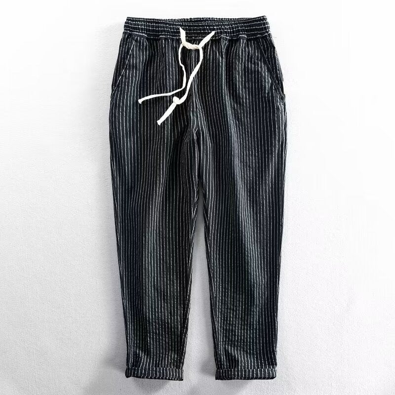 👖 50% RABATT NU! 🌿 Herr Linnebyxor – Randig & Kort & Elastisk Midja & Dragsko – Andningsbar Sommarbyxor 🏖️