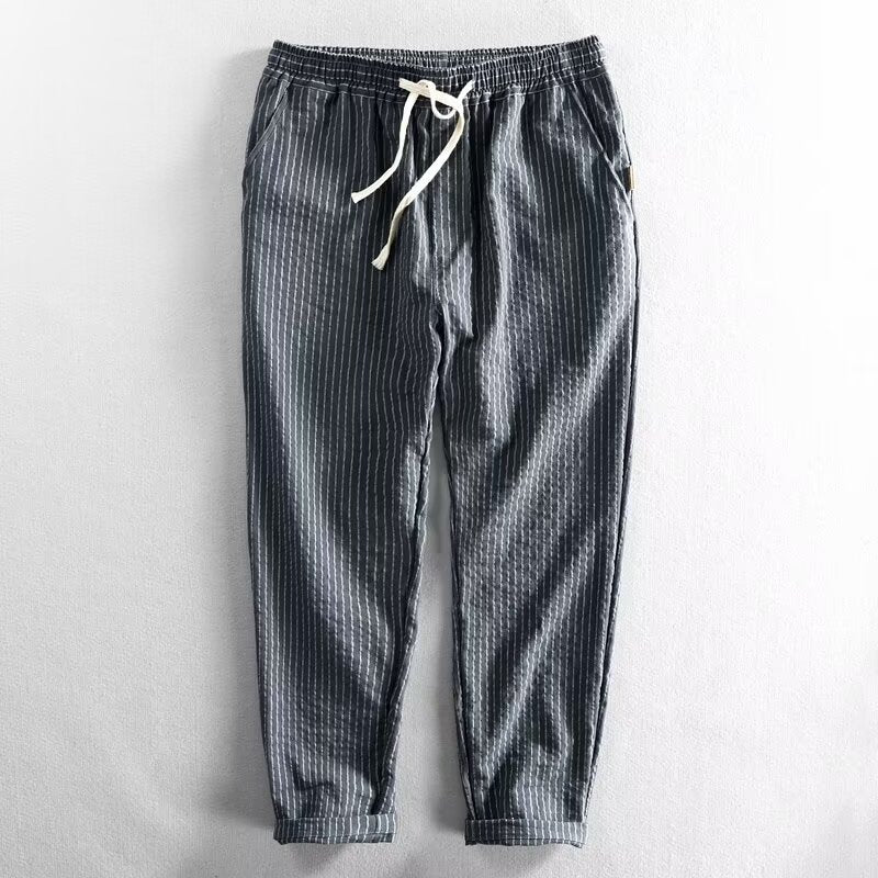 👖 50% RABATT NU! 🌿 Herr Linnebyxor – Randig & Kort & Elastisk Midja & Dragsko – Andningsbar Sommarbyxor 🏖️