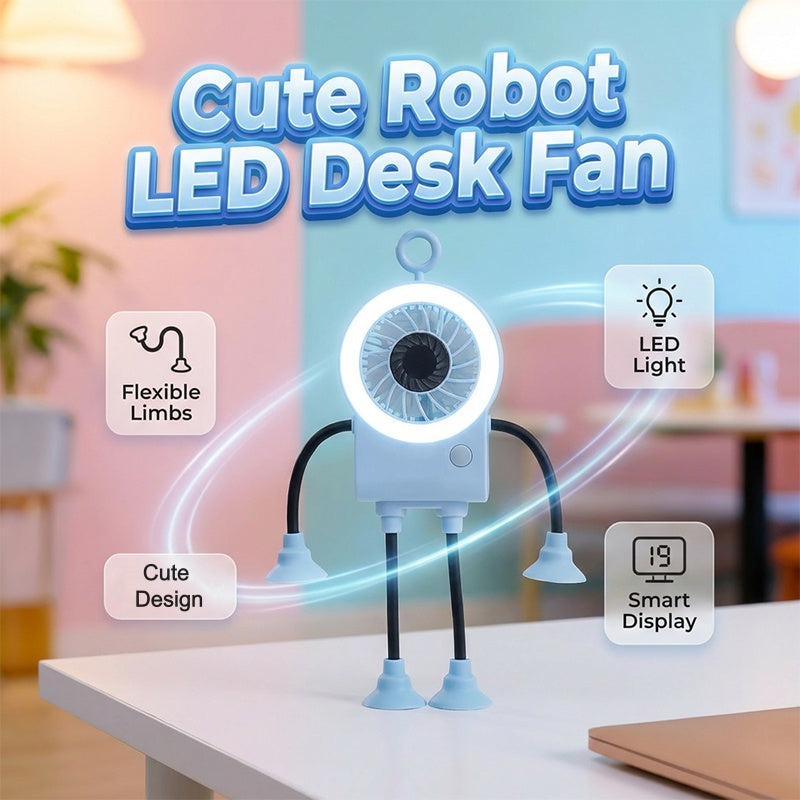🤖 50% RABATT NU! 💨 Flexibel Robot Skrivbordsfläkt med LED-ljus – Böjbara Lemmar, Digital Display & Type-C Laddning – Söt Kylningskompis 🔋