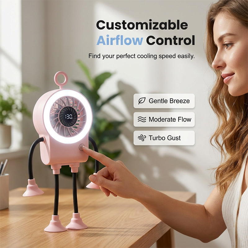 🤖 50% RABATT NU! 💨 Flexibel Robot Skrivbordsfläkt med LED-ljus – Böjbara Lemmar, Digital Display & Type-C Laddning – Söt Kylningskompis 🔋