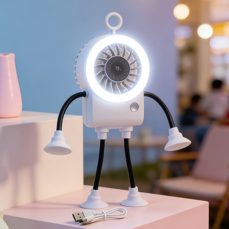 🤖 50% RABATT NU! 💨 Flexibel Robot Skrivbordsfläkt med LED-ljus – Böjbara Lemmar, Digital Display & Type-C Laddning – Söt Kylningskompis 🔋