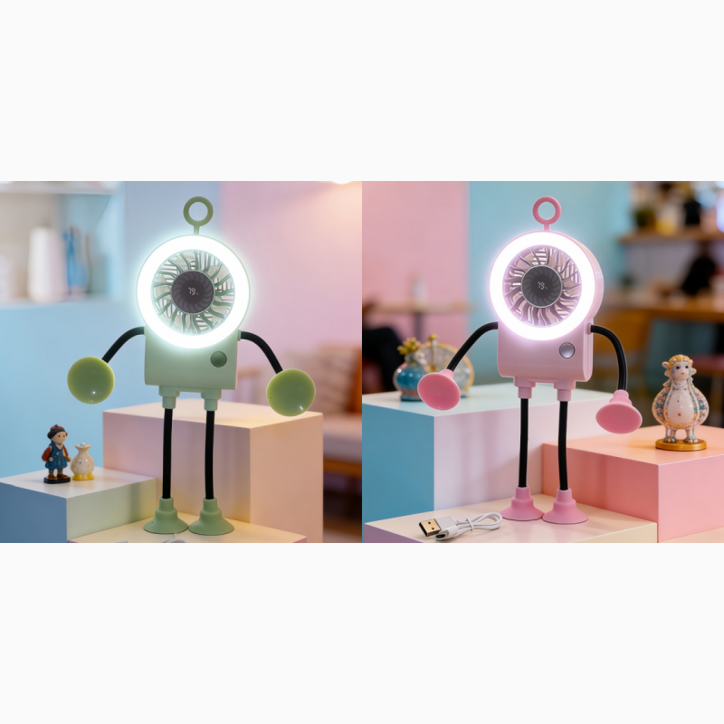 🤖 50% RABATT NU! 💨 Flexibel Robot Skrivbordsfläkt med LED-ljus – Böjbara Lemmar, Digital Display & Type-C Laddning – Söt Kylningskompis 🔋