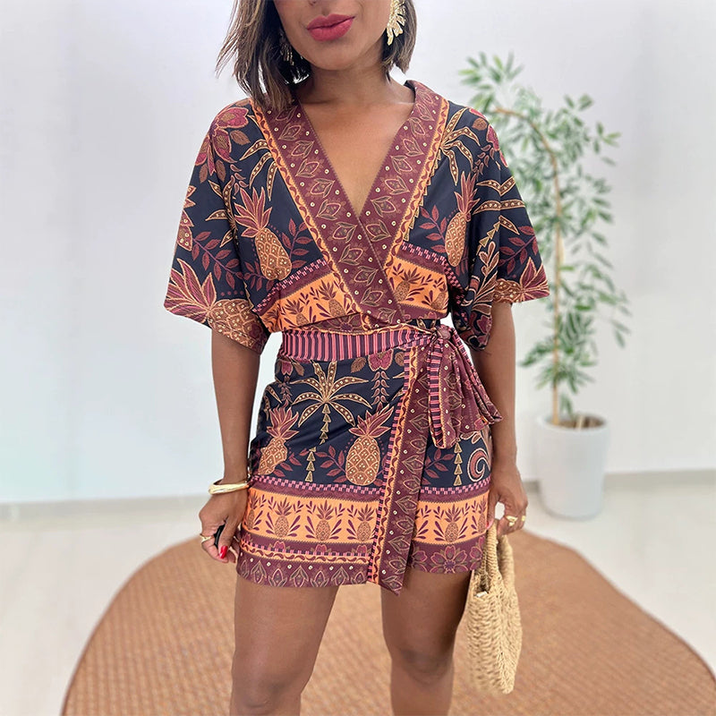 👗Nyhet❣️Romper med V-ringning och tropiskt mönster för damer