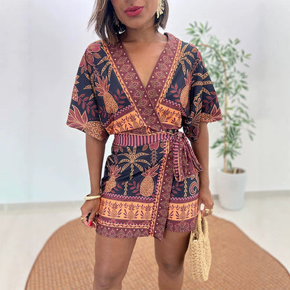👗Nyhet❣️Romper med V-ringning och tropiskt mönster för damer