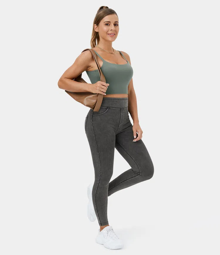 🔥🎁Nyhet 50 % RABATT🔥Casual-leggings i stretchig denim med hög midja och bakfickor