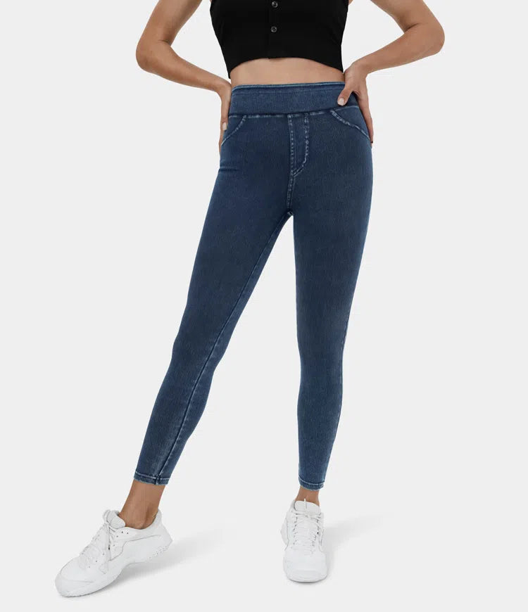 🔥🎁Nyhet 50 % RABATT🔥Casual-leggings i stretchig denim med hög midja och bakfickor