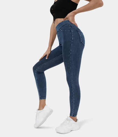 🔥🎁Nyhet 50 % RABATT🔥Casual-leggings i stretchig denim med hög midja och bakfickor