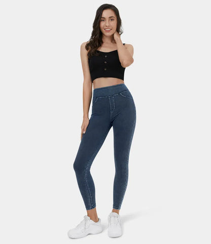 🔥🎁Nyhet 50 % RABATT🔥Casual-leggings i stretchig denim med hög midja och bakfickor