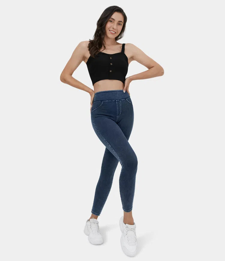 🔥🎁Nyhet 50 % RABATT🔥Casual-leggings i stretchig denim med hög midja och bakfickor