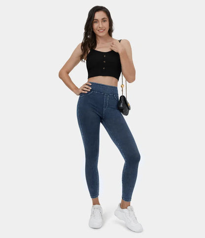 🔥🎁Nyhet 50 % RABATT🔥Casual-leggings i stretchig denim med hög midja och bakfickor