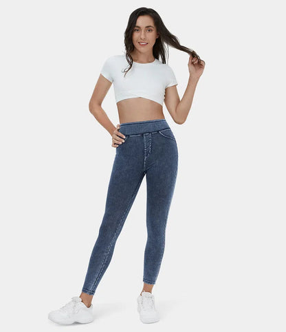 🔥🎁Nyhet 50 % RABATT🔥Casual-leggings i stretchig denim med hög midja och bakfickor