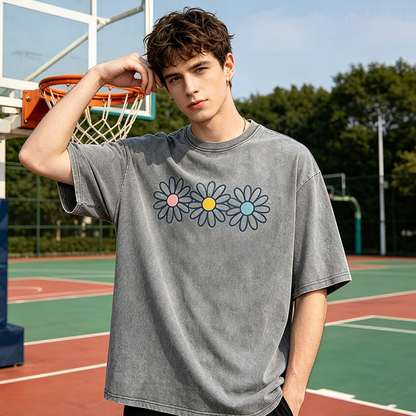 👚 50% RABATT NU!🌼 Vintage-tvättad Daisy T-shirt – Positiv Grafisk Print & Oversized Passform – Mjuk Andningsbar Bomullsblandning Casual Topp 🌈