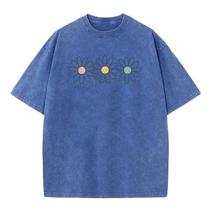 👚 50% RABATT NU!🌼 Vintage-tvättad Daisy T-shirt – Positiv Grafisk Print & Oversized Passform – Mjuk Andningsbar Bomullsblandning Casual Topp 🌈