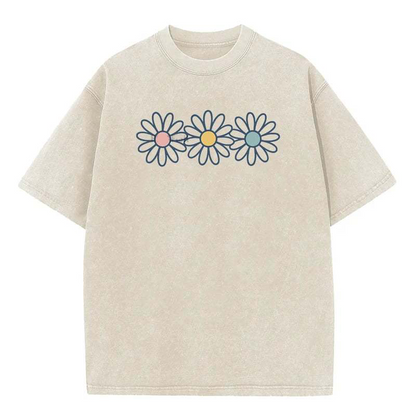 👚 50% RABATT NU!🌼 Vintage-tvättad Daisy T-shirt – Positiv Grafisk Print & Oversized Passform – Mjuk Andningsbar Bomullsblandning Casual Topp 🌈