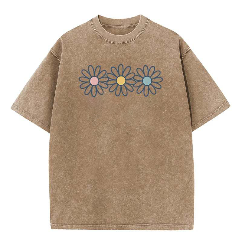 👚 50% RABATT NU!🌼 Vintage-tvättad Daisy T-shirt – Positiv Grafisk Print & Oversized Passform – Mjuk Andningsbar Bomullsblandning Casual Topp 🌈