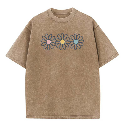 👚 50% RABATT NU!🌼 Vintage-tvättad Daisy T-shirt – Positiv Grafisk Print & Oversized Passform – Mjuk Andningsbar Bomullsblandning Casual Topp 🌈