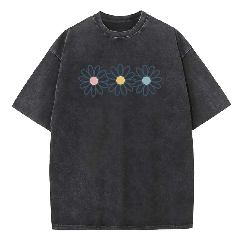 👚 50% RABATT NU!🌼 Vintage-tvättad Daisy T-shirt – Positiv Grafisk Print & Oversized Passform – Mjuk Andningsbar Bomullsblandning Casual Topp 🌈